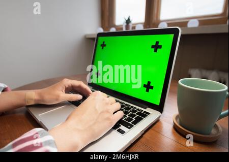 Woman using laptop with green screen. Business, communication, freelance and internet concept. Working at a laptop at home Stock Photo