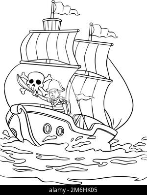 Coloring Page with Ship Sailor, Pirate with Hook Hand Stock Vector -  Illustration of comic, character: 165210928