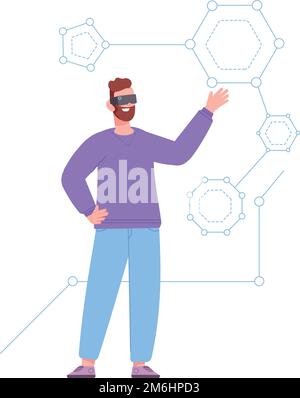 Man studying chemical structure in virtual reality. Futuristic science isolated on white background Stock Vector