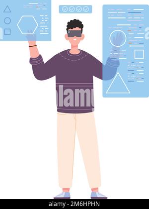 Man in vr headset studying math. Virtual engineering isolated on white background Stock Vector
