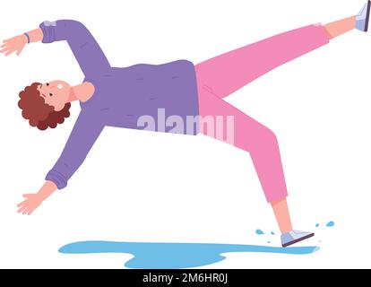 Woman slip on wet floor. Fall down hazard isolated on white background Stock Vector