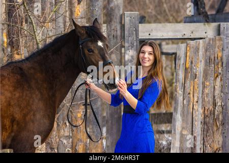 Portrait of a beautiful girl in a blue dress with a horse against the background of an old wooden fence Stock Photo