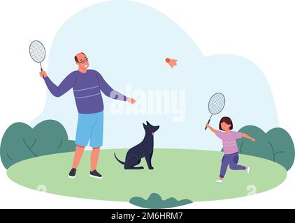 Dad and daughter playing badminton together. Summer outdoor scene. Vector illustration Stock Vector