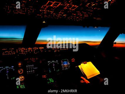 Cockpit of a passenger plane. View from the cockpit during Stock Photo
