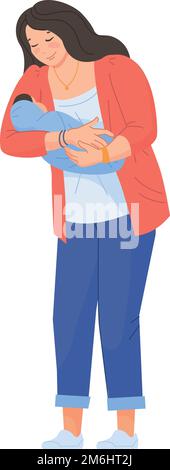 Woman carrying baby. Happy mom with loving newborn isolated on white background Stock Vector