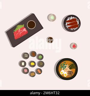 Japanese national cuisine, eel in unagi sauce, kobe steak and tsukemono, miso soup. Vector illustration. Stock Vector