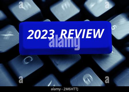 Conceptual caption 2023 Review. Concept meaning seeing important events or actions that made previous year Stock Photo