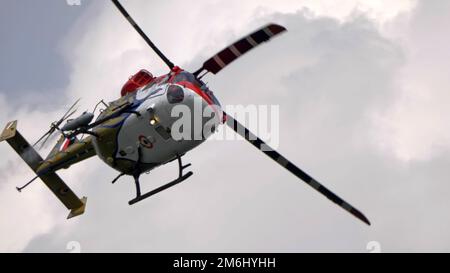 Moscow Russia Zhukovsky Airfield 25 July 2021: aerobatic SARANG Indian helicopter flight team t of the international aerospace s Stock Photo