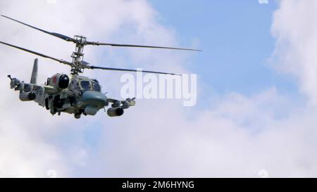 ZHUKOVSKY, RUSSIA - SEPTEMBER 01, 2019: Demonstration of the Kamov Ka-52 Alligator attack helicopter of the Russian Air Force at Stock Photo