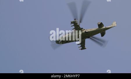 ZHUKOVSKY, RUSSIA - SEPTEMBER 01, 2019: Demonstration of the Kamov Ka-52 Alligator attack helicopter of the Russian Air Force at Stock Photo