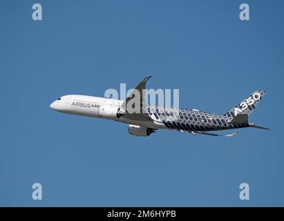 Moscow Russia Zhukovsky Airfield 31 August 2019: Passenger aircraft Airbus A350 in the demonstration flight of the international Stock Photo