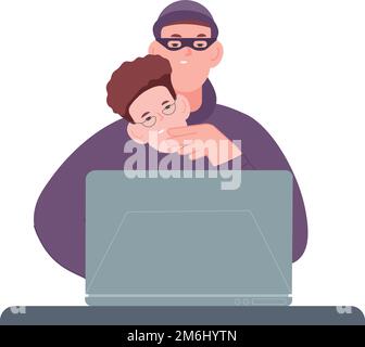 Cyber crime concept. Hacker with fake identity isolated on white background Stock Vector