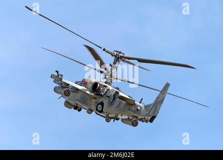 ZHUKOVSKY, RUSSIA - SEPTEMBER 01, 2019: Demonstration of the Kamov Ka-52 Alligator attack helicopter of the Russian Air Force at Stock Photo