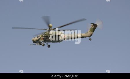 ZHUKOVSKY, RUSSIA - SEPTEMBER 01, 2019: Demonstration of the Mi-28 attack helicopter of the Russian Air Force at MAKS-2019, Russ Stock Photo