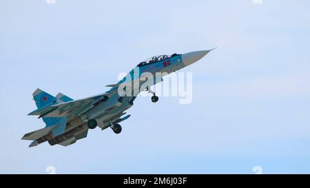 Moscow Russia Zhukovsky Airfield 31 August 2019: aerobatic Su-30 perfoming demonstration flight of the international aerospace s Stock Photo