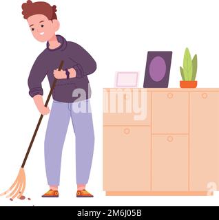 Boy dusting floor with broom. Helping kid character isolated on white background Stock Vector