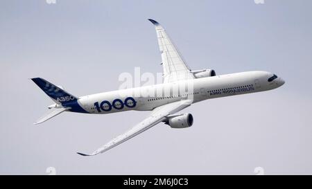 Moscow Russia Zhukovsky Airfield 25 July 2021: Passenger aircraft Airbus A350 in the demonstration flight of the international a Stock Photo