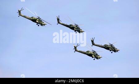 ZHUKOVSKY, RUSSIA - SEPTEMBER 01, 2019: Demonstration of the Mi-28 attack helicopter of the Russian Air Force at MAKS-2019, Russ Stock Photo