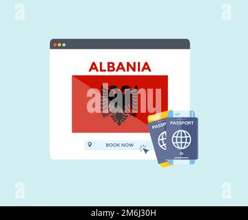 Online booking service on web browser site, trip, travel planning country Albania national flag logo design. Online reservation of plane tickets. Stock Vector