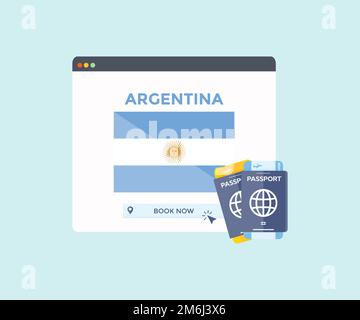 Online booking service on web browser site, trip, travel planning country Argentina national flag logo design. Online reservation of plane tickets. Stock Vector