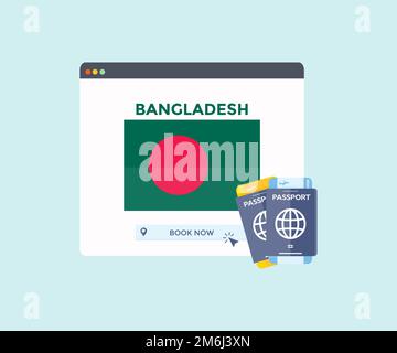 Online booking service on web browser site, trip, travel planning country Bangladesh national flag logo design. Online reservation of plane tickets. Stock Vector