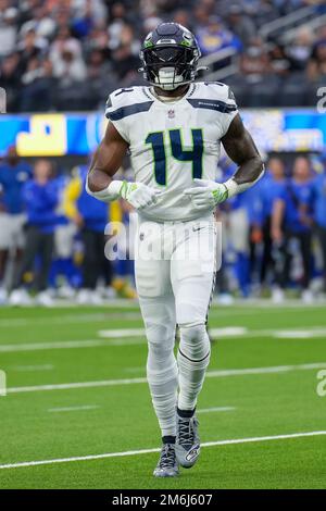 Seattle Seahawks wide receiver DK Metcalf (14) during an NFL football game  against the Denver Broncos, Monday, Sept. 12, 2022, in Seattle, WA. The  Seahawks defeated the Bears 17-16. (AP Photo/Ben VanHouten