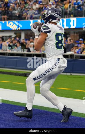 Seattle Seahawks tight end Noah Gindorff (46) and tight end Colby Parkinson  (84) walk off the