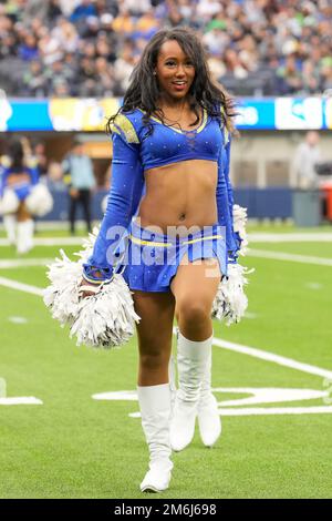 Los Angeles Chargers cheerleaders in the end zone during a break