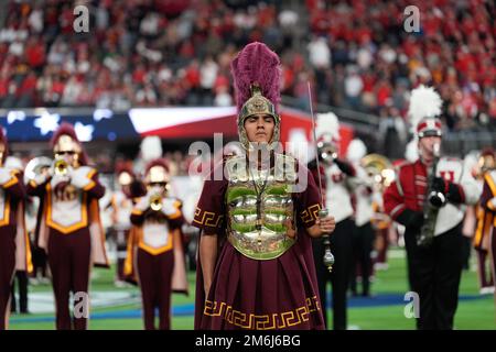 Southern California Trojans mascot Tommy Trojan with Spirit of Troy Marching band during the Pac-12 Championship at Allegiant Stadium. Utah defeated U Stock Photo