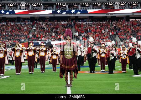 Southern California Trojans mascot Tommy Trojan with Spirit of Troy Marching band during the Pac-12 Championship at Allegiant Stadium. Utah defeated U Stock Photo