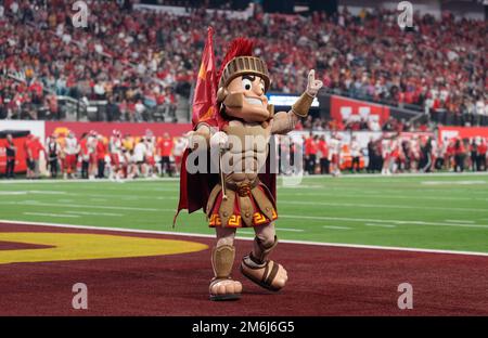 Southern California Trojans mascot Tommy Trojan celebrates in the end zone against the Utah Utes during the Pac-12 Championship at Allegiant Stadium. Stock Photo