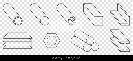 Metal products icons. Fabrication of metal raw materials, parts, linear icon collection. Vector illustration isolated on transparent background Stock Vector