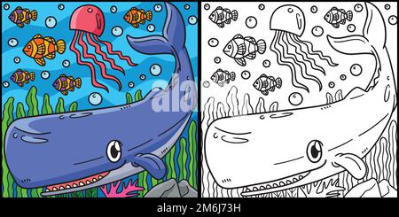 Sperm Whale Coloring Page Colored Illustration Stock Vector