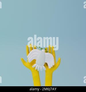 3d render, 3d illustration. White bird dove of peace on yellow hands. Stock Photo