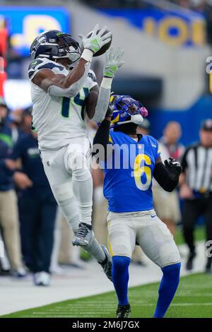 INGLEWOOD, CA - AUGUST 13: Los Angeles Rams cornerback Derion Kendrick (6)  defends in coverage on defense during the NFL preseason football game  against the Los Angeles Chargers on August 13, 2022