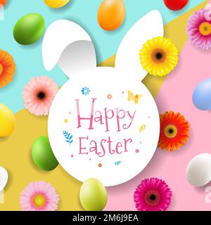Happy Easter Banner With Spring Flowers And Eggs Stock Photo
