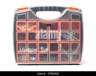 Red tool box with square compartments with screws and dowels Stock Photo