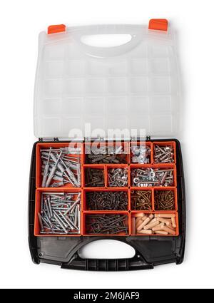 Red tool box with square compartments with screws and dowels Stock Photo
