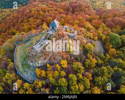 Salgó Castle in a beautiful colorful autumn environment, photographed from above, Salgóbánya, Hungary Stock Photo
