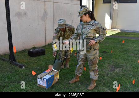 Sgt. 1st Class Chasidy Tenison and Sgt. Gina Torres, both preventive medicine specialists at Public Health Command Europe, conduct Individual Critical Task List training on radiological surveys in Landstuhl, Germany. Stock Photo