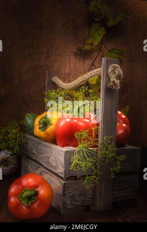 Fresh vegetables in a box on a dark wooden background in a rustic style Stock Photo