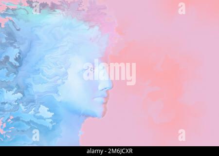 Collage with plaster antique sculpture of human face in a surreal style. Modern creative concept image with ancient statue head. Stock Photo