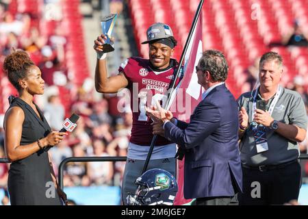 Tampa FL USA; Mississippi State Bulldogs quarterback Will Rogers (2) passes  the ball during the ReliaQuest Bowl game against the Illinois Fighting  Illini at Raymond James Stadium, Monday, January 2, 2023. The