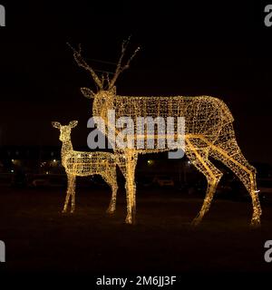 Glowing garland figurines of deer in the night city on the lawn. Christmas decoration. Stock Photo
