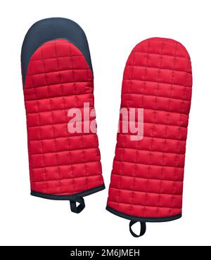 Red fabric quilted oven mitts with silicone inserts isolated Stock Photo