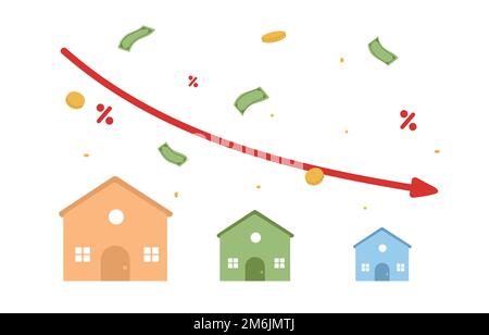 House with arrow graph down. The housing market is falling. Low prices. Flat vector illustration Stock Vector