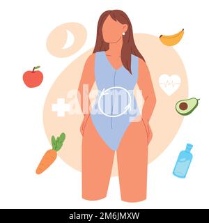Diet and metabolism concept. Health food, dietary supplements, good digestion, female hormones, preventive medicine. Flat vector illustration Stock Vector