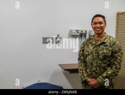 NAVAL STATION ROTA, Spain (April 28, 2022)  Hospital Corpsman 1st Class Gilbert Corpuz, independent duty corpsman and leading petty officer of Directorate of Medical Services, poses for a photo at the U.S. Naval Hospital Rota, Spain, April 28, 2022. Stock Photo