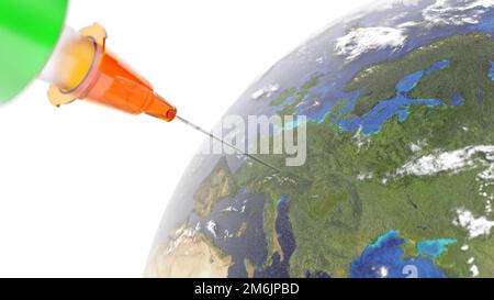 Medical syringe with a needle vaccinated the planet Earth. 3D rendering. Elements of this image furnished by NASA. Stock Photo