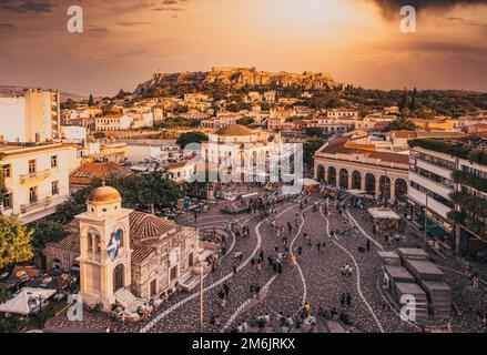 Aerial panoramic view of Monastiraki square and the Acropolis at sunset in Athens  Greece Stock Photo